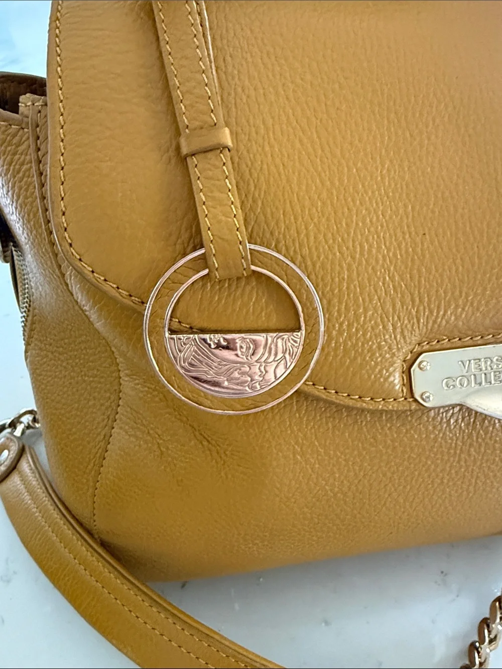 Versace Collection Mustard Yellow Leather Satchel with Gold Chain